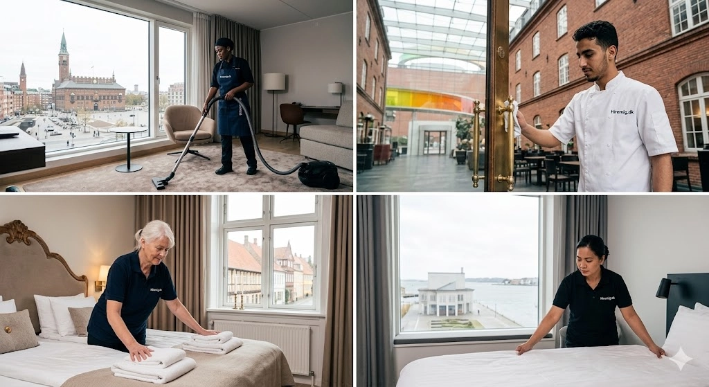 Looking for hotel cleaning jobs in Copenhagen or Aarhus? Earn 165 kr/hr with flexible shifts and immediate start. Apply now